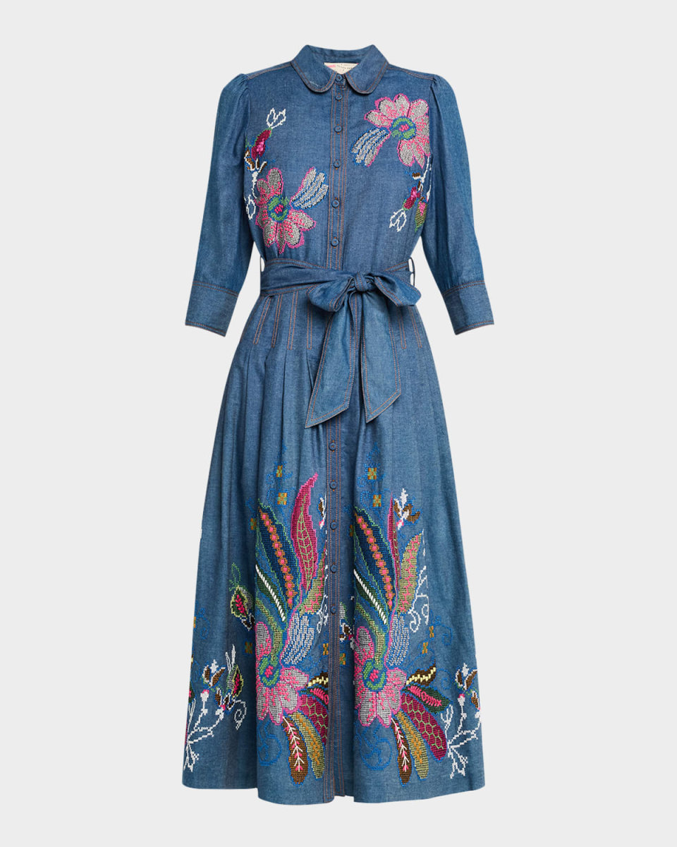 Floral Embroidered Belted Chambray Midi Shirtdress